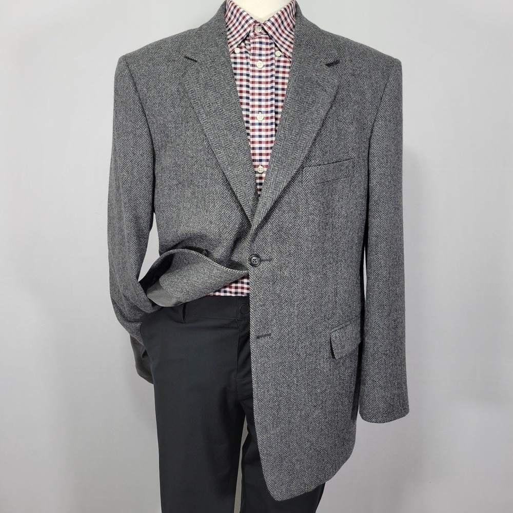 Stafford Men's Tweed Sport Coat Blazer Two Button‎ Gray Herringbone Wool 44L